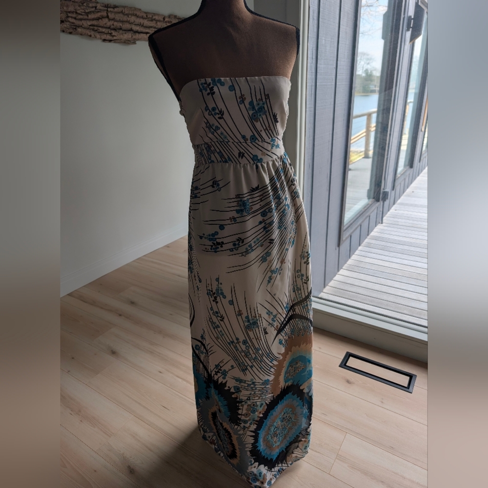 Charlotte Russe Strapless Cream Maxi Dress with Teal and Black Print